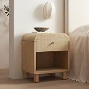 Boxed Maude 1 Drawer Bedside Table, Natural Ash with Raffia RRP £239.99. A softly sculpted staple