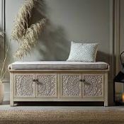 Boxed Chantilly Whitewashed Carved Storage Bench RRP £369.99. Adding instant uplift to your hallway,