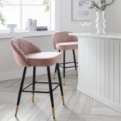 Boxed Miyae Set of 2 Pleated Pale Pink Velvet Upholstered Counter Stools RRP £319.99. Featuring
