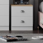 Boxed Lyndes 2 Drawer Bedside Table Nightstand Cabinet - Matt Finish, Oak Effect Top. Polished