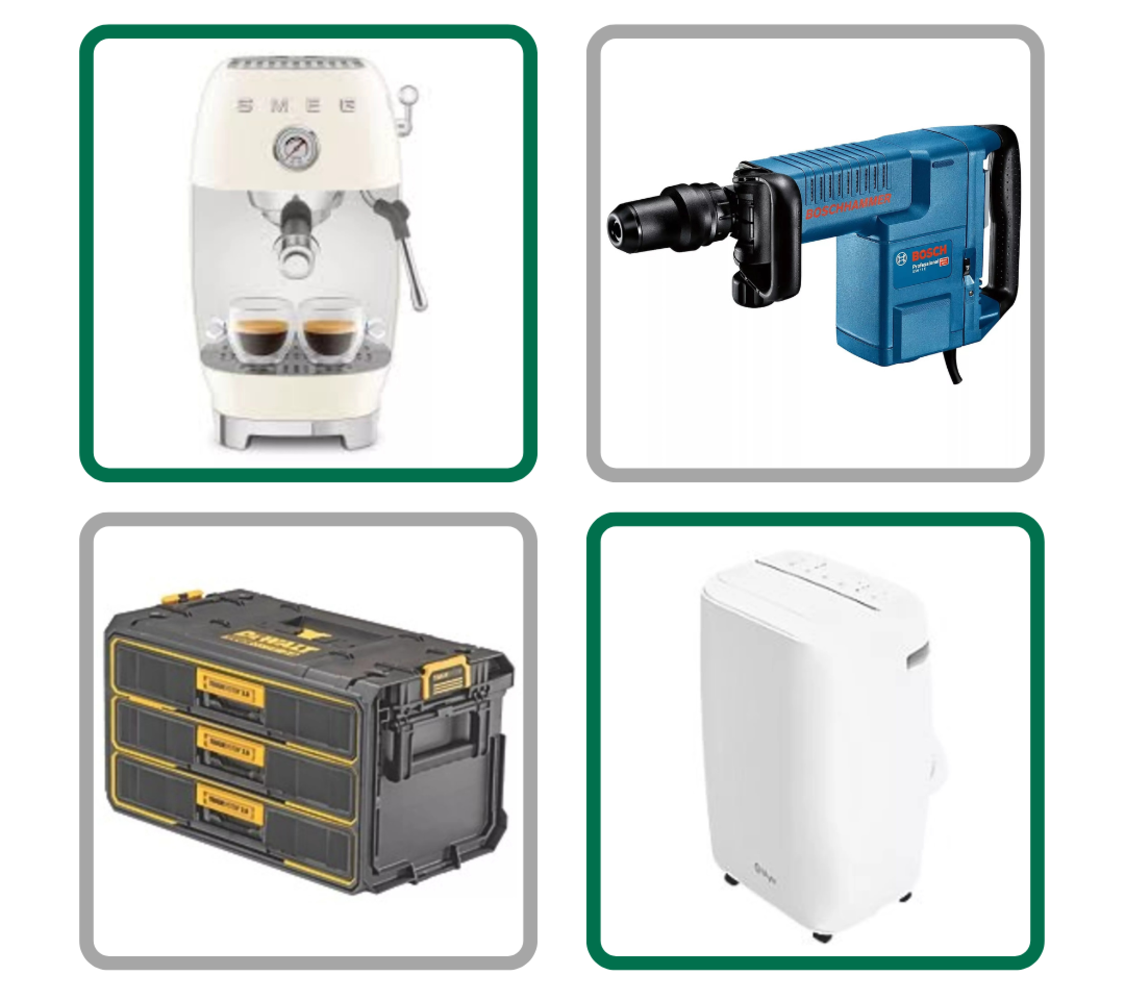 Smeg Kettles & Coffee Machines, Air Conditioning Units, DEWALT, Bosch, Erbauer,,Combi Drills, Chainsaws, Breakers, Hose reel sets AND MORE