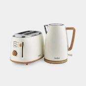 Boxed Fika Cream & Wood Kettle & 2 Slice Toaster Set (LOC: RS2.5-SC337)
