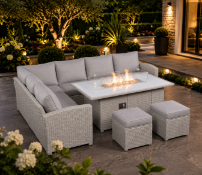 Brand New & Boxed Ivy Luxury 8 Seat Rattan Firepit Garden Set. RRP £2,199. Light Grey Beige. The Ivy