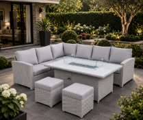 Brand New & Boxed Ivy Luxury 8 Seat Rattan Firepit Garden Set. RRP £2,199. Light Grey Beige. The Ivy