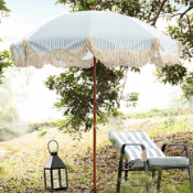 Boxed Gabriel Sage Green and White Striped Fringed Parasol with Tilt. RRP £149.99. (LOC: SR6.3.1-