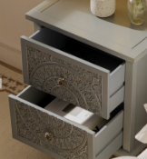 Boxed Chantilly Mid Grey Carved 2 Drawer Bedside Table. RRP £189.99. Petite yet full of presence,