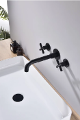 2 X BRAND NEW VURTU Noir Wall Mounted 3 hole Basin & Bath Mixer, 305(H) x 260(W), Black, 659846