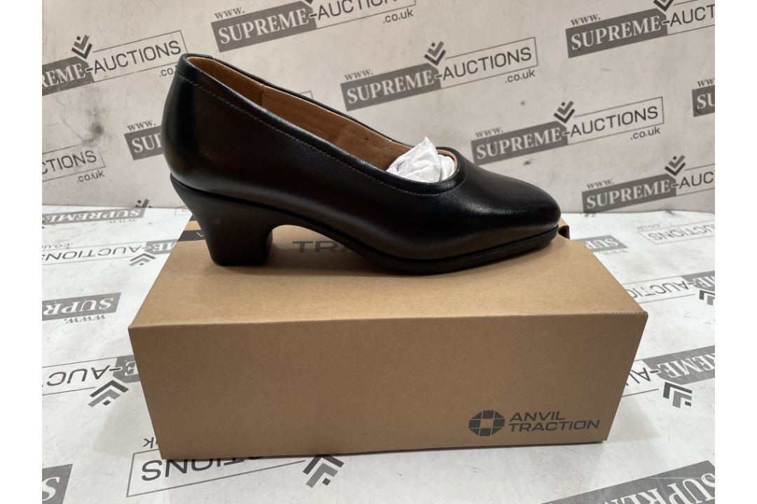 20 X BRAND NEW PAIRS OF ANVIL TRACTION WALK CONFIDENT GEORGIA BLACK SHOES SIZE 3/4 (LOC: 42.19-