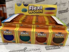 48 X BRAND NEW PLAYHUB FLEXI WORM PUNCH SQUASH AND SQUEEZE TOYS IN ASSORTED COLOURS IN DISPLAY UNITS