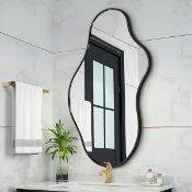 Boxed Irregular Metal Framed Wall Mirror, Asymmetrical Mirrors for Bathroom 60 cm H x 110 cm W Black