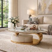 Boxed Fully Assembled Oversize 51" Modern Oval Coffee Table with Storage Drawer, White Sintered
