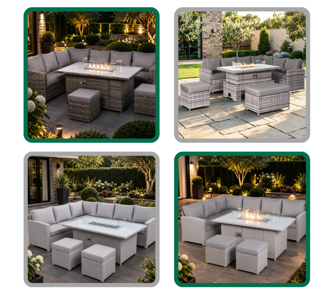 Brand New & Boxed Ivy Luxury Rattan Corner Sets with Firepits & Luxury Henley Corner Rattan Sets with Rising Tables and Childrens Garden sets