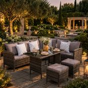 New & Boxed Luxury Corner Garden Dining Set – Grey Rattan Sofa Set with Table & Footstools.