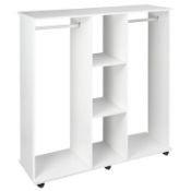 Boxed HOMCOM Open Wardrobe Double Mobile Storage Shelves Organizer W/6 Wheels-White RRP £109.99.