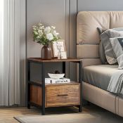 Boxed Bedside Table with 1 Drawers, Modern End Side Table with Storage Shelves, Metal Frame