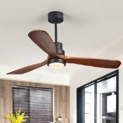 Boxed 1320mm LED Ceiling Fan Light with 3 Blades & Glass Shade & Remote Control Black & Walnut (LOC: