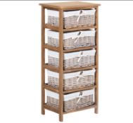 Boxed HOMCOM 5 Drawer Dresser Wicker Basket Storage Shelf Unit Wooden Frame Home Organisation