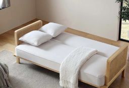 Boxed Pienza Cane Sofa Bed, Beige Woven Fabric with Natural Solid Oak Frame. RRP £649.99.