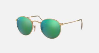 NEW & PACKAGED RAY-BAN Round Metal Sunglasses - GOLD WITH GREEN MIRROR LENSES. RRP £155. (Cart7