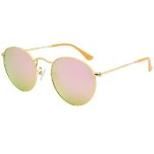 NEW & PACKAGED RAY-BAN Round Metal Sunglasses - GOLD WITH PINK FLASH LENSES. RRP £155. (Cart3 3447-