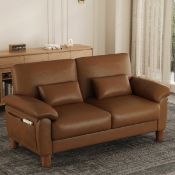 Boxed 180cm Faux Leather 2-Seater Sofa With Solid Wood Frame, Spring Seat Cushion and Two Throw