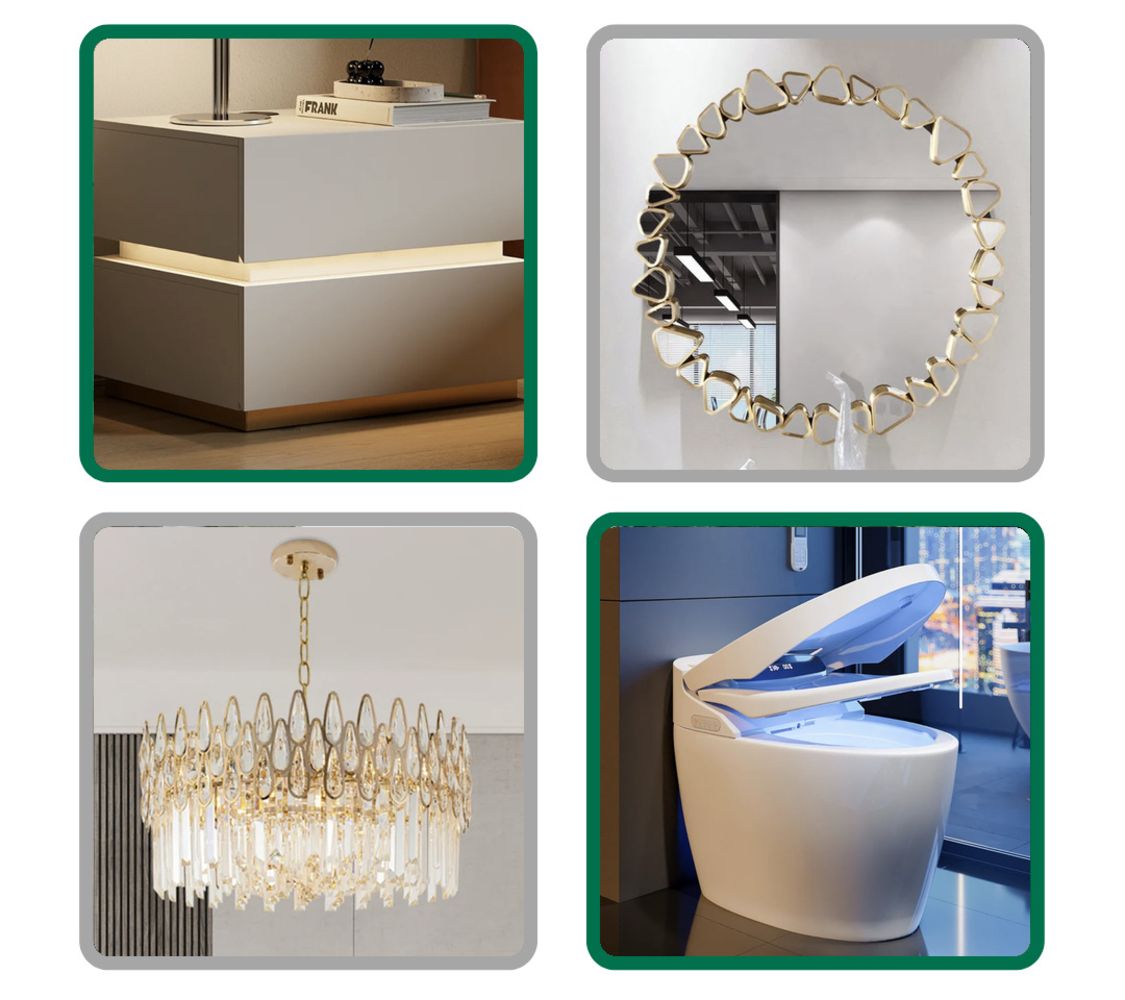 Wall Mirror Decors, Crystal Chandeliers, Dining Tables, Bedside Tables, Smart Bidet Toilets, Wall Mounted Shower Systems AND MUCH MORE!