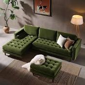 Henrietta Moss Green Velvet Grand 4-Seater Chaise End Sofa, Left Hand Facing. Upholstered with