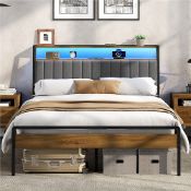 Boxed Yaheetech Metal Bed Frame with LED Lights, Charging Station, 2-Tier Storage Shelves, 135 x 190
