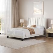Boxed Upholstered Bed Frame with Channel Tufted Headboard Double (4'6) Linen Fabric/Beige (LOC: