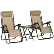 Boxed Outsunny Folding Zero Gravity Chairs, 3 Pieces Adjustable Sun Lounger and Table Set with Cup
