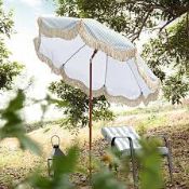 Boxed Gabriel Sage Green and White Striped Fringed Parasol with Tilt RRP £189.99. Our lovely fringed
