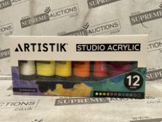8 X BRAND NEW Studio Acrylic Paints - 12 x 75ml Acrylic Paint Tube Set with 3 Brushes - Premium