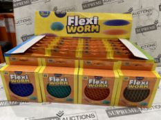 48 X BRAND NEW PLAYHUB FLEXI WORM PUNCH SQUASH AND SQUEEZE TOYS IN ASSORTED COLOURS IN DISPLAY UNITS