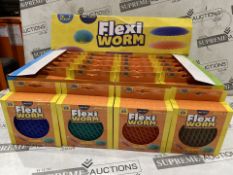 48 X BRAND NEW PLAYHUB FLEXI WORM PUNCH SQUASH AND SQUEEZE TOYS IN ASSORTED COLOURS IN DISPLAY UNITS