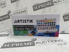 12 X BRAND NEW ARTISTIK Watercolor Paint Set with Brush – 50 Colors in Half Pan Palette & Portable