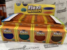 48 X BRAND NEW PLAYHUB FLEXI WORM PUNCH SQUASH AND SQUEEZE TOYS IN ASSORTED COLOURS IN DISPLAY UNITS