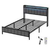 Boxed Levede King Bed Frame Upholstered Headboard Metal Base LED USB Lights | Grey | King | King (