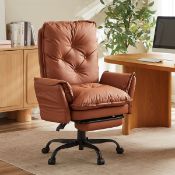 Boxed Cross Legged Home Office Chair with Footrest and Reversible Armrests for PU Leather Brown (