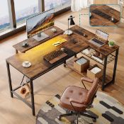 Boxed Adran Metal Base L-Shaped Computer Desk with Monitor Stand and Shelves, Gaming Table with