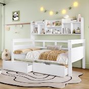 Boxed BTM Single Bed for Kids with 2 Storage Drawers and Bookcase Headboard, Wooden Kids Bed Frame