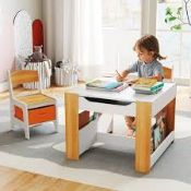 Boxed 4 in 1 Kids Table and Chairs Set with Reversible Tabletop and Bookshelves-Natural (LOC: SR7.