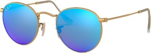 NEW & PACKAGED RAY-BAN Round Metal Sunglasses - GOLD WITH BLUE MIRROR LENSES. RRP £155. (Cart1