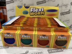48 X BRAND NEW PLAYHUB FLEXI WORM PUNCH SQUASH AND SQUEEZE TOYS IN ASSORTED COLOURS IN DISPLAY UNITS