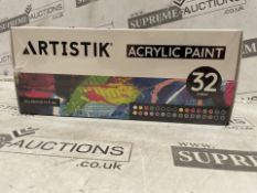 6 X BRAND NEW ARTISTIK Acrylic Paint Tube Set of 32-22ml Paint Tubes with 3 Brushes for Adults, Kids