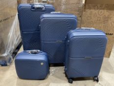PALLET TO CONTAIN 14 X BRAND NEW SETS OF 4 PREMIUM LUGGAGE BAGS NAVY 14, 20, 24 AND 28 INCH RRP £349