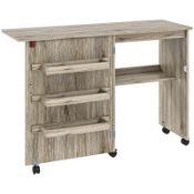 Boxed HOMCOM Folding Sewing Table, Drop Leaf Craft Table with Storage Bins, Open Shelf and Wheels,