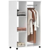 Boxed HOMCOM Open Wardrobe on Wheels, Bedroom Wardrobe with Clothes Hanging Rail, 3 Storage Shelves,
