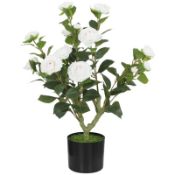 Boxed HOMCOM 65cm Artificial Camellia Flower Plant in Pot with 116 Lush Leaves & Moss Effect,