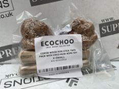 20 X BRAND NEW ECOCHOO COFFEE WOOD DOG STICK TWIN PACKS WITH COCO RUSK ROPE TOY (LOC: 49.14-AA6081 -