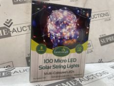 16 X BRAND NEW GARDENKRAFT 100 MICRO LED SOLAR STRING LIGHT SETS MULTICOLOURED (LOC: 22.16-